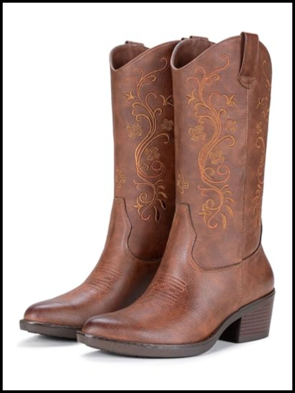 Faux Leather Embroidered Cowgirl Boots Mid-Calf Women's